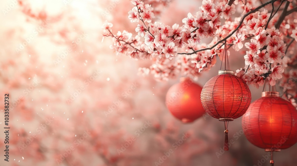 Fototapeta premium A beautiful, serene scene of cherry blossom branches with red lanterns hanging from them,