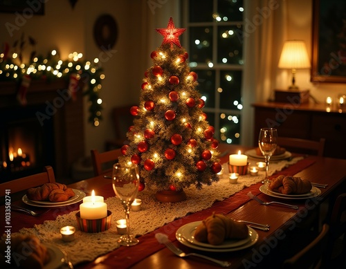 Cozy christmas dining room: festive tree and candlelit dinner ambiance