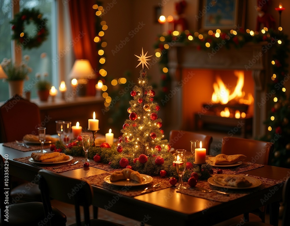 Cozy christmas dinner setting with festive table decor and warm fireplace ambiance Cozy christmas dinner setting with festive table decor and warm fireplace ambiance