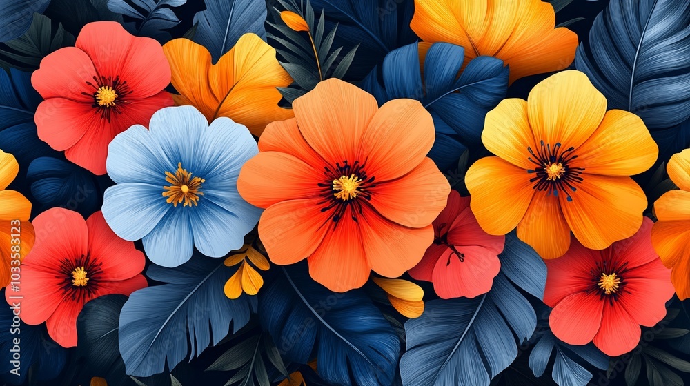 A vibrant seamless pattern featuring a close-up of colorful flowers and tropical leaves on a dark background.