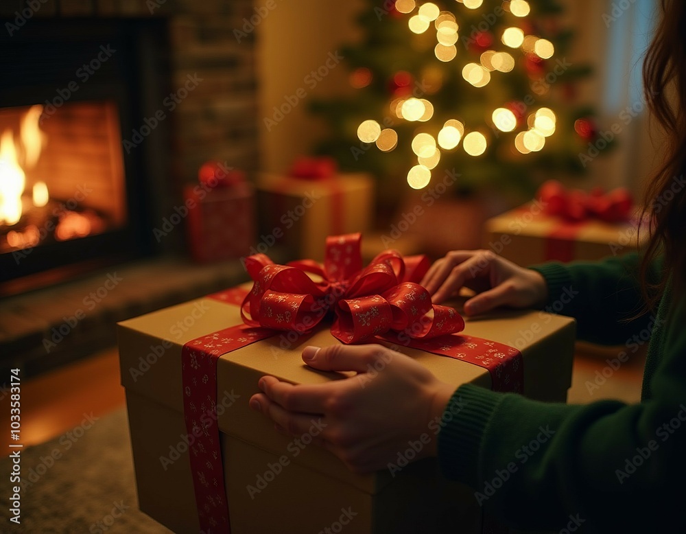 Cozy christmas eve at home with fireplace and gift exchange Cozy christmas eve at home with fireplace and gift exchange