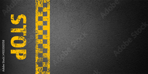 Asphalt road with stop lane marking, concrete highway surface, texture. Street traffic line, road dividing strip. Pattern with grainy structure, grunge stone background. Vector illustration