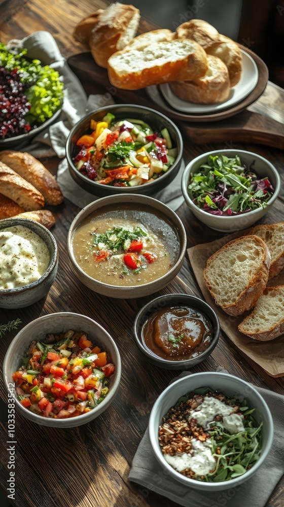 Rustic Table Setting with Colorful Dishes and Bread Rustic Table Setting with Colorful Dishes and Bread