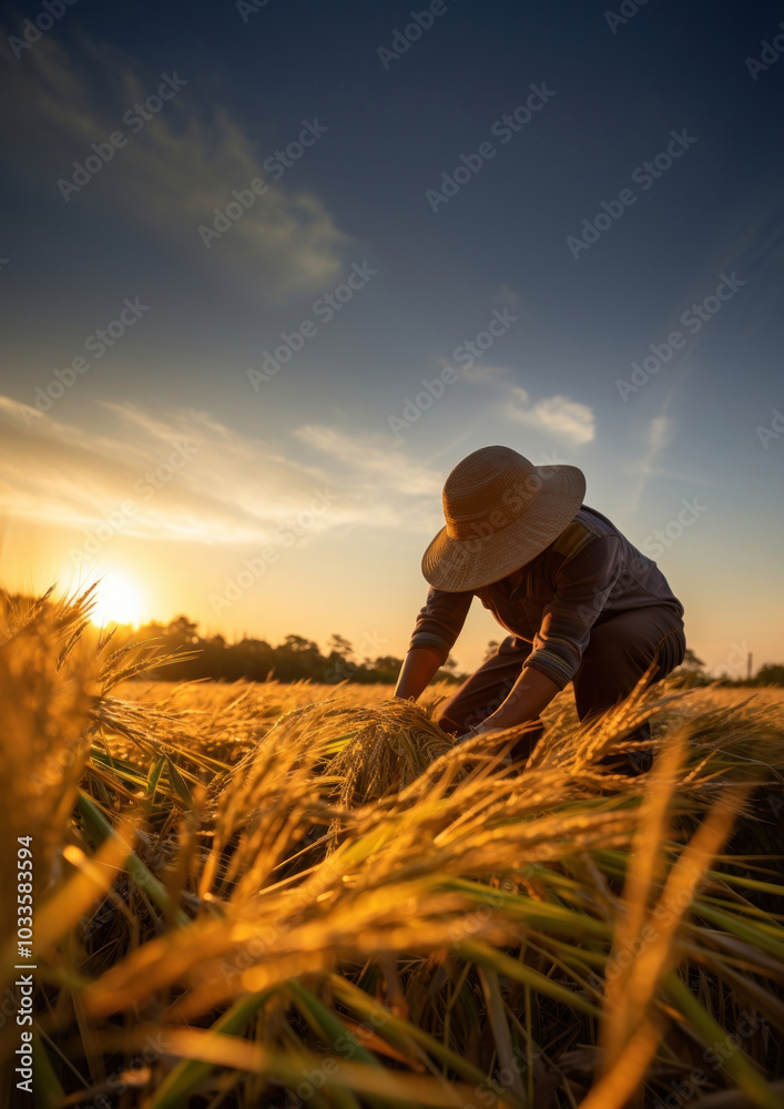 Fototapeta premium Photo of farmer in golden hour.