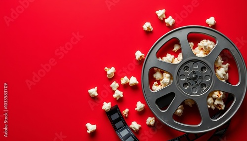 Film Reel and Popcorn on Red Background