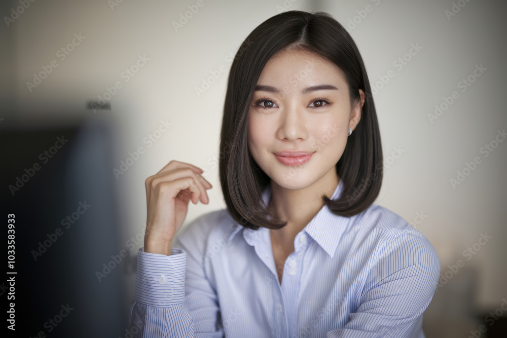 Asian woman with shoulder-length hair, resting her hand on chin, in white shirt, smiling in soft office lighting Asian woman with shoulder-length hair, resting her hand on chin, in white shirt, smiling in soft office lighting