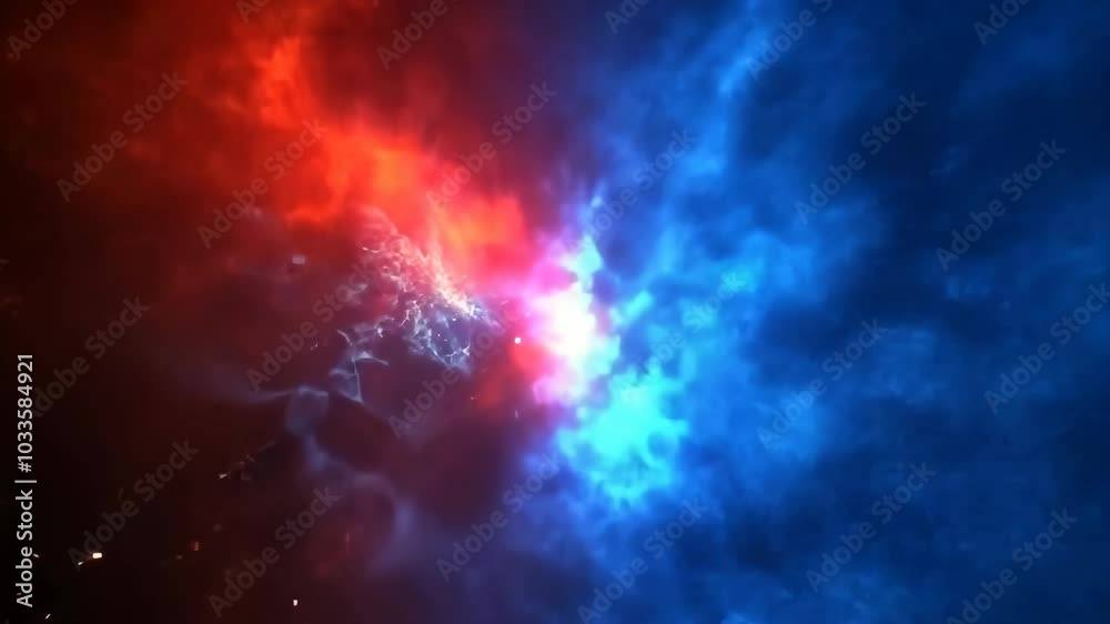 Red and blue smoke swirl together in a dark background Red and blue smoke swirl together in a dark background