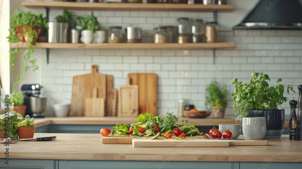 Modern Kitchen Scene with Island and Fresh Ingredients Modern Kitchen Scene with Island and Fresh Ingredients