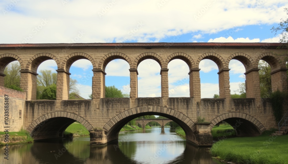 Historic Bridge Over Calm Water with Blue Sky Historic Bridge Over Calm Water with Blue Sky
