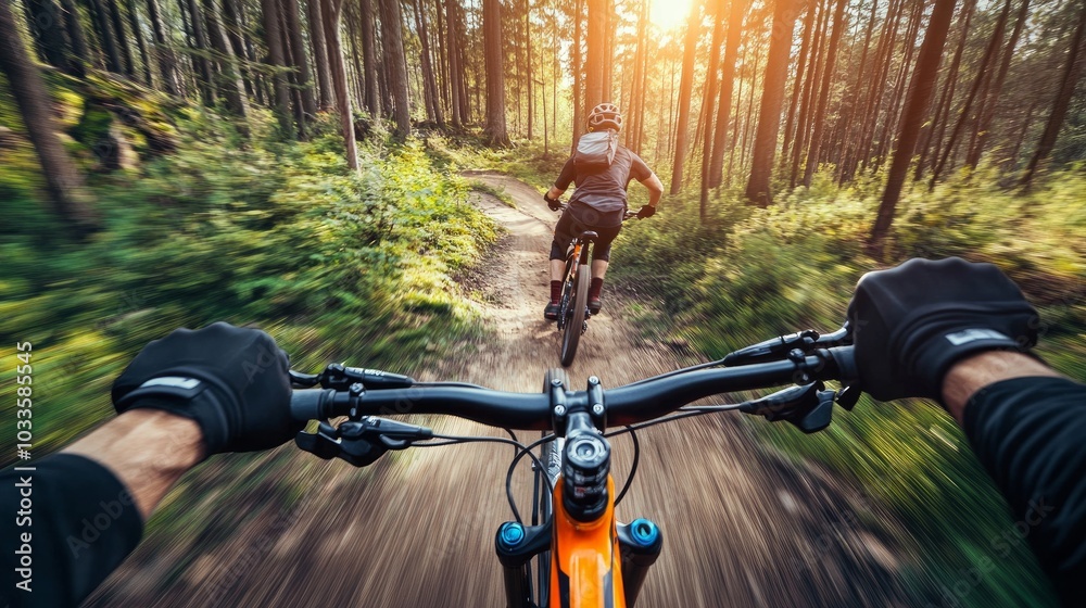 A fast-moving mountain cyclist in a downhill configuration on the bike park trail. A fast-moving mountain cyclist in a downhill configuration on the bike park trail.