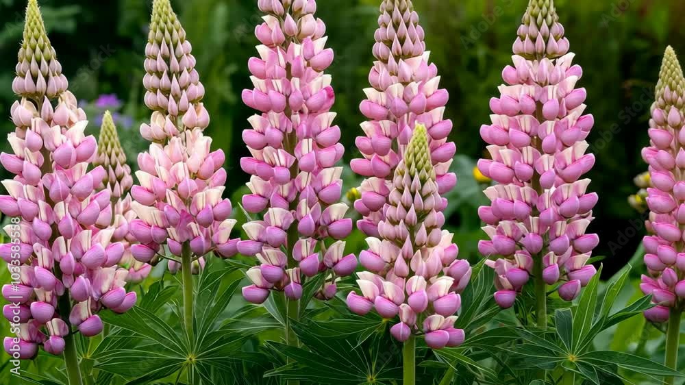 Pink lupine flowers bloom in a garden during the summer Pink lupine flowers bloom in a garden during the summer
