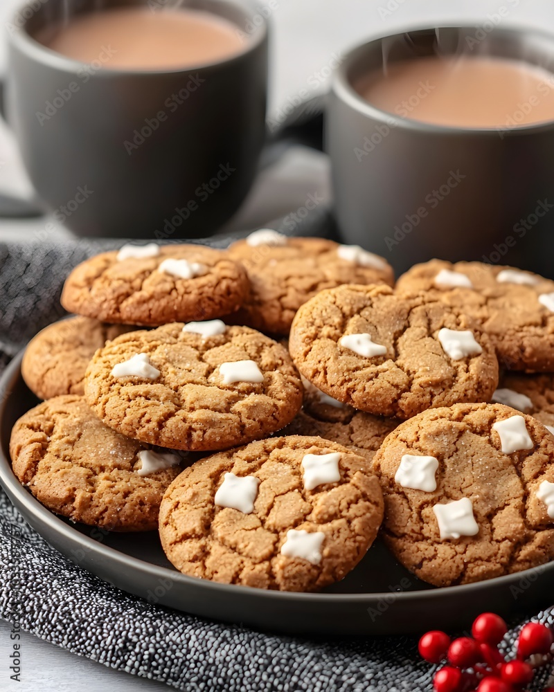 Festive cookies served with steaming cups of tea Festive cookies served with steaming cups of tea