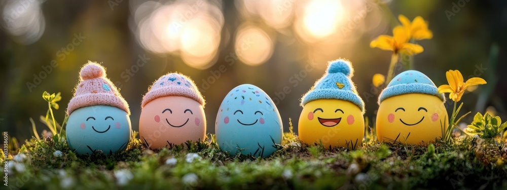 Fototapeta premium A group of eggs with chick faces, showing a peaceful day out in the wild,