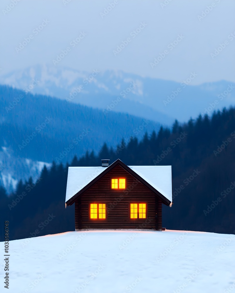Cozy cabin glowing in a snowy landscape at dusk Cozy cabin glowing in a snowy landscape at dusk