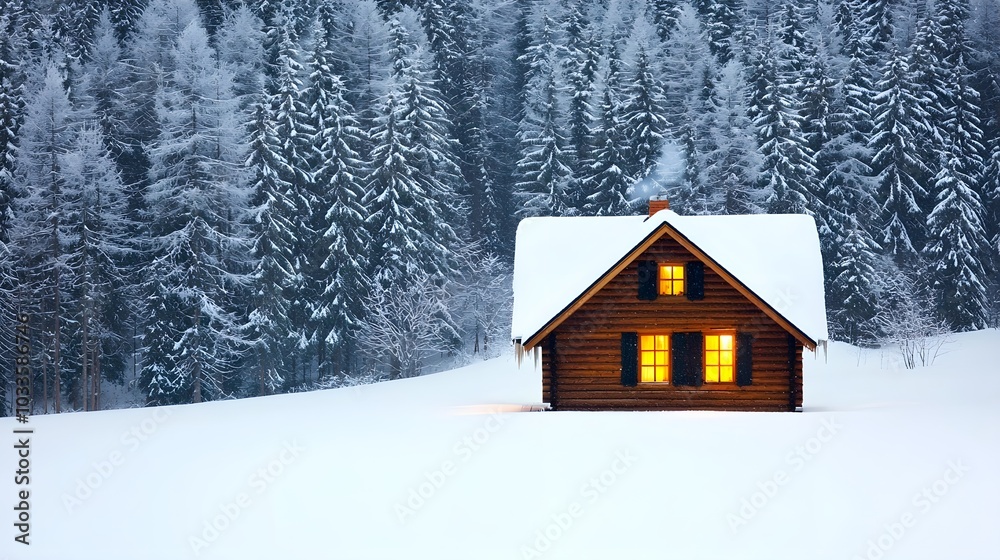 Cozy log cabin illuminated in a snowy winter landscape Cozy log cabin illuminated in a snowy winter landscape