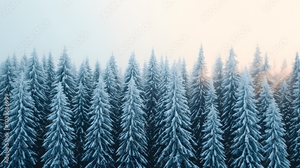 Snow-covered evergreen forest at sunrise Snow-covered evergreen forest at sunrise