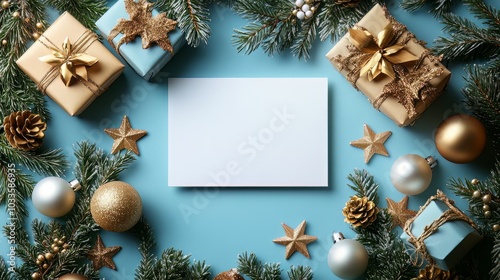 A mockup of an empty, blank white A4 card on a light blue background with Christmas decorations, golden stars and balls, gifts, pine branches, in a flat lay top view from above