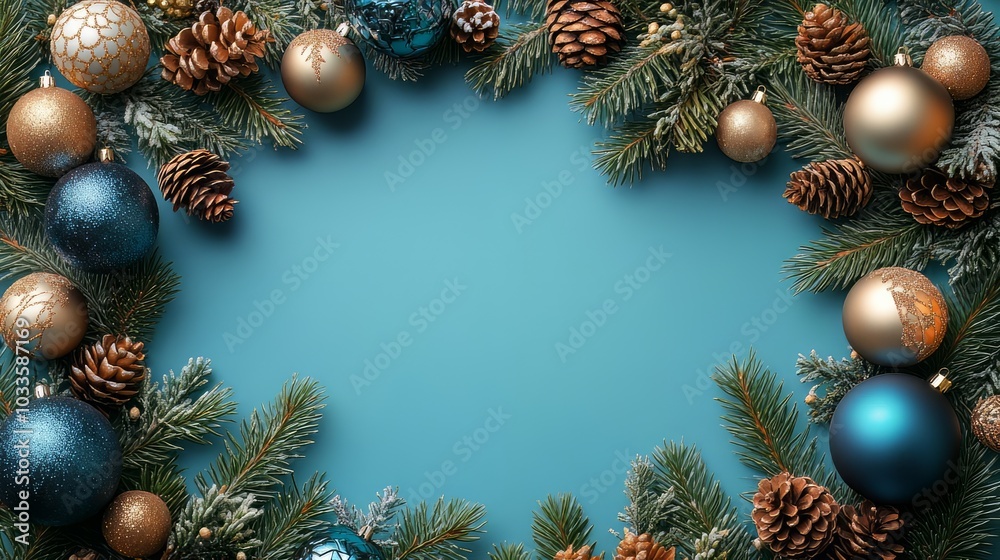 Festive flat lay arrangement with pine branches, blue and gold ornaments, pinecones, and a blank card on a light blue background, perfect for holiday invitations, greeting cards, or seasonal designs Festive flat lay arrangement with pine branches, blue and gold ornaments, pinecones, and a blank card on a light blue background, perfect for holiday invitations, greeting cards, or seasonal designs