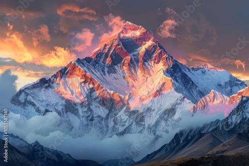 Snow-capped mountain peak at sunrise