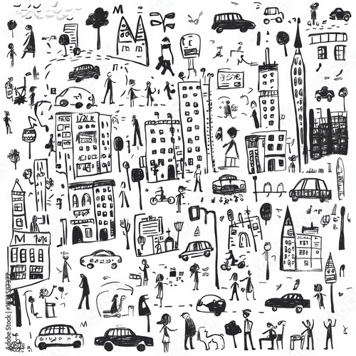 Wallpaper Mural Colorful hand-drawn urban doodles showcase a bustling city with buildings, vehicles, and people engaging in daily life. Generative AI Torontodigital.ca