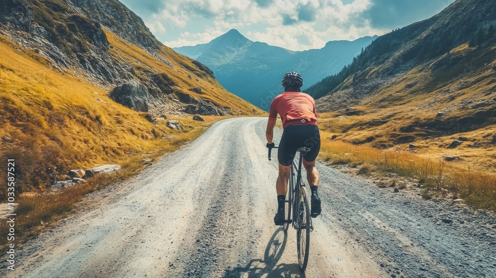 On the Transfagarasan Road, a male cyclist is riding a gravel bike. A rider is working on his riding technique.Motivation in sports.Bicycle adventure travel.backdrop of mountains.Cycling. On the Transfagarasan Road, a male cyclist is riding a gravel bike. A rider is working on his riding technique.Motivation in sports.Bicycle adventure travel.backdrop of mountains.Cycling.