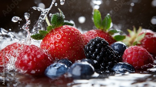 Fresh spring berries splashing in water for culinary and health promotions