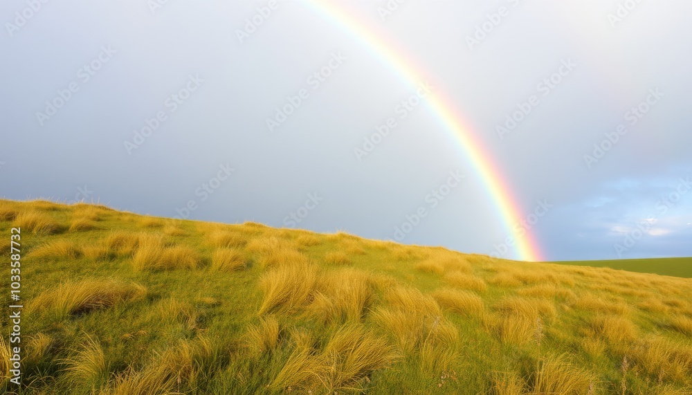 Vibrant Rainbow Over Rolling Green Hills Vibrant Rainbow Over Rolling Green Hills