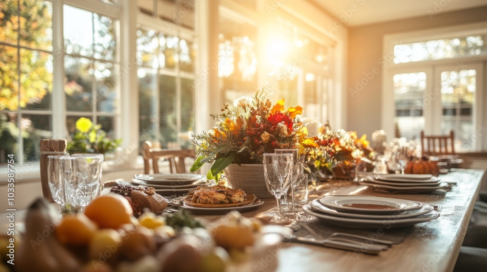 The dining table is beautifully set with elegant tableware and a colorful floral centerpiece, surrounded by seasonal fruits and a warm autumn glow streaming through the windows. The dining table is beautifully set with elegant tableware and a colorful floral centerpiece, surrounded by seasonal fruits and a warm autumn glow streaming through the windows.