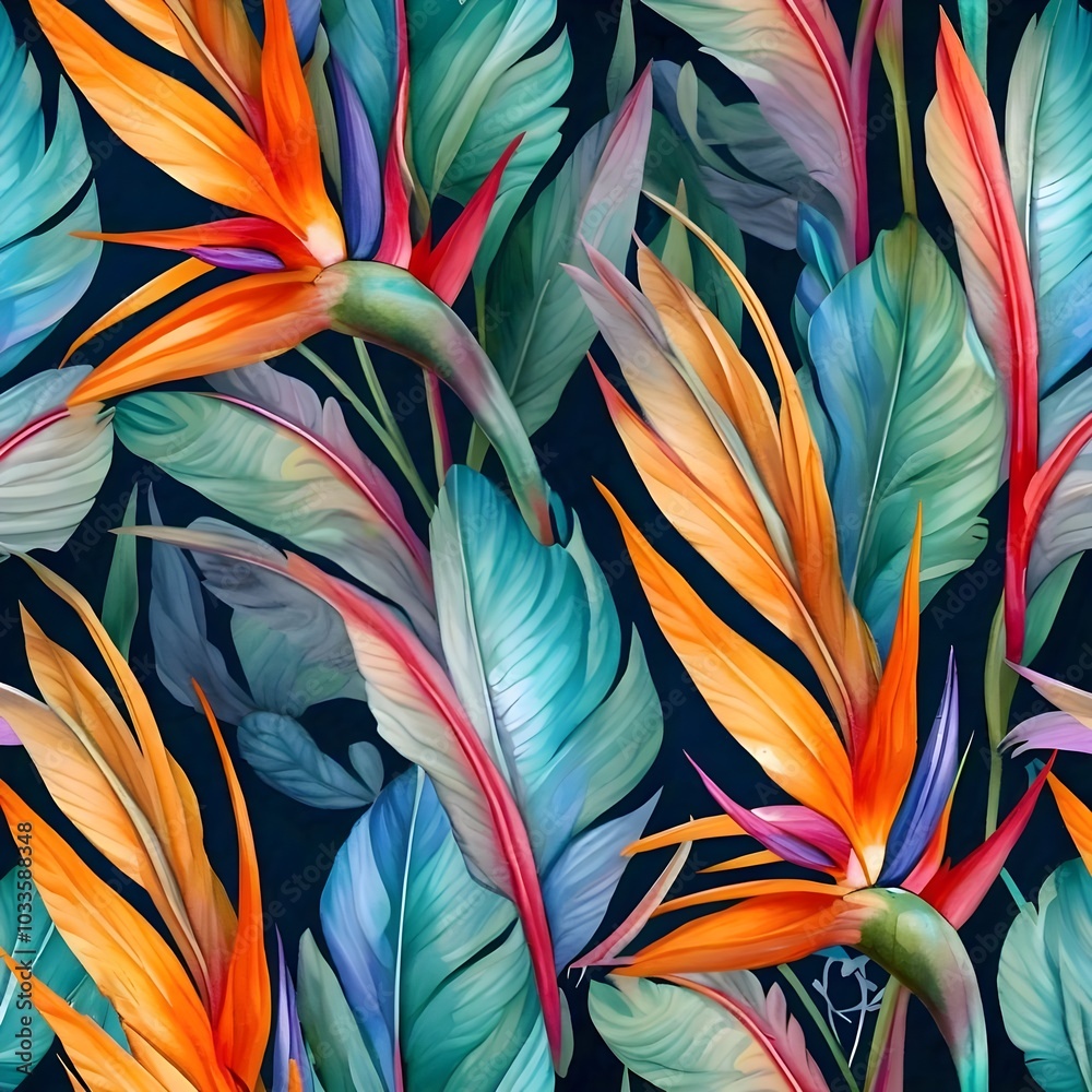 a vibrant and colorful tropical pattern featuring bird of paradise flowers and large lush leaves a vibrant and colorful tropical pattern featuring bird of paradise flowers and large lush leaves