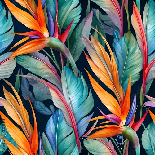 a vibrant and colorful tropical pattern featuring bird of paradise flowers and large lush leaves photo