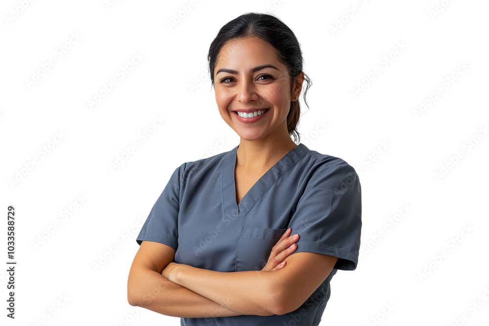 Smiling female nurse in scrubs with arms crossed on a transparent background Smiling female nurse in scrubs with arms crossed on a transparent background