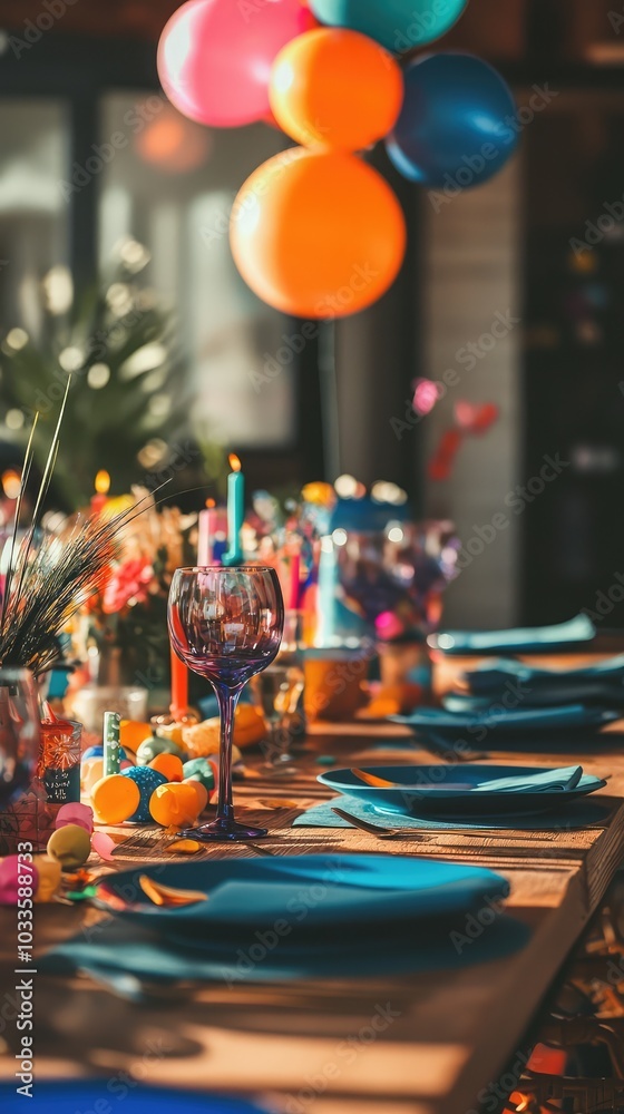 Colorful Birthday Table Setting with Balloons