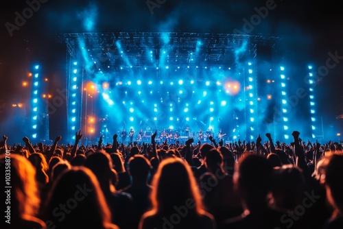 The scene at a concert festival is of a packed concert hall with blue stage lights, and silhouettes of people on the dance floor.