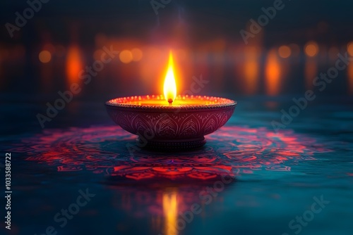 a minimalistic vector illustration of a traditional diwali oil lamp in the center of the image, with a soft gradient backdrop featuring a mandala design. diwali celebration