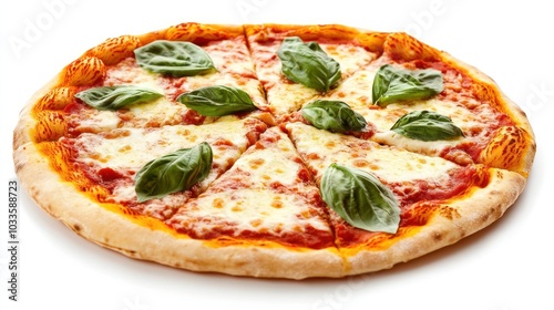 A delicious pizza topped with cheese and fresh basil leaves, sliced for serving.