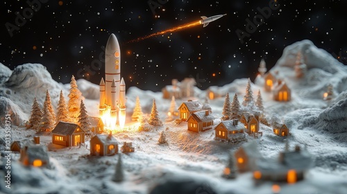 A charming, miniature Christmas village scene with snow-covered houses, twinkling lights, and festive decorations