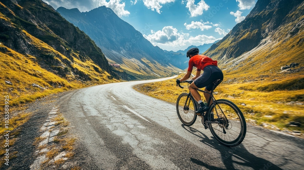 Fototapeta premium On the Transfagarasan Road, a male cyclist is riding a gravel bike. A rider is working on his riding technique.Motivation in sports.Bicycle adventure travel.backdrop of mountains.Cycling.