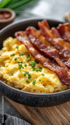 Fluffy scrambled eggs and crispy bacon for gourmet breakfast enthusiasts