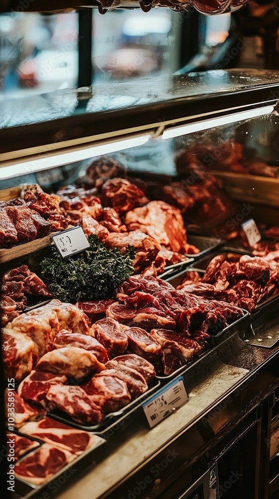 Serene View of Butcher Shop Display of Fresh Meats Serene View of Butcher Shop Display of Fresh Meats