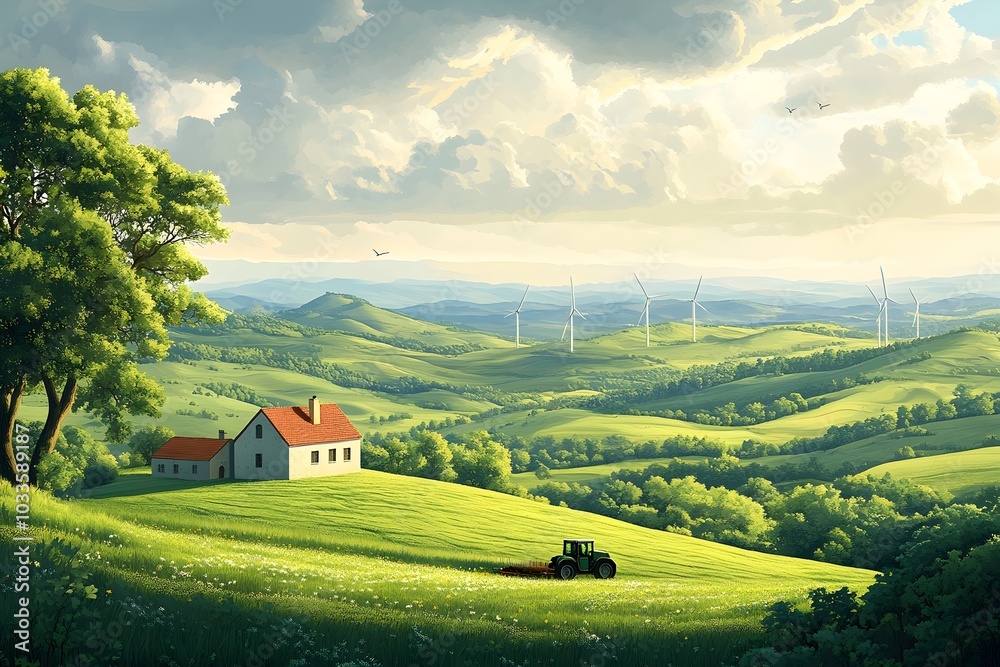 a minimalist vector scene of a green, rolling landscape with a small farm, wind turbines, and a tractor working in the fields. sustainable farming, world food day, agriculture