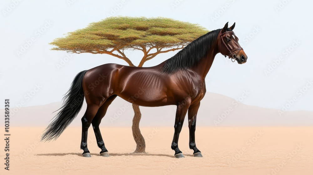 A majestic horse stands beside a solitary tree in a desert landscape. A majestic horse stands beside a solitary tree in a desert landscape.