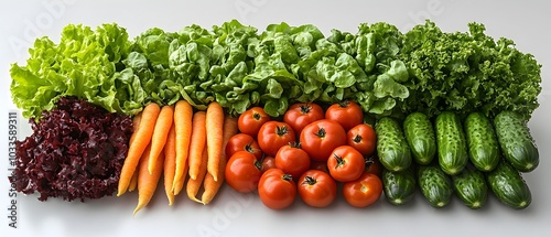 fresh vegetables on a clean white surface. freshly washed vegetables such as tomatoes, carrots, cucumbers, and leafy greens neatly arranged on a clean white surface. world food day, organic produce