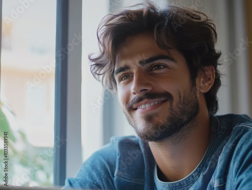 Man Looking Out of Window with Smiling Expression