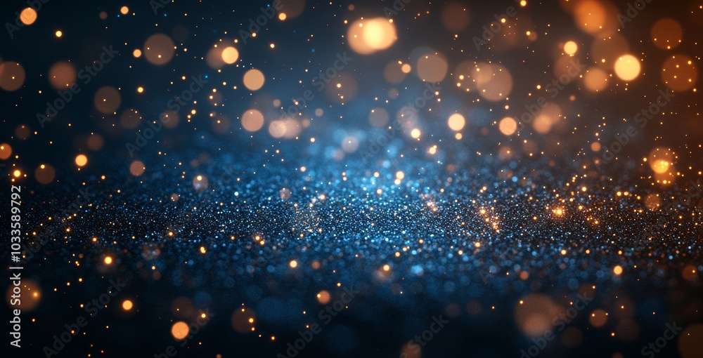 A dark blue background is surrounded by gold particles. Bokeh of golden light particles over navy blue background. Gold foil texture. Christmas theme. A dark blue background is surrounded by gold particles. Bokeh of golden light particles over navy blue background. Gold foil texture. Christmas theme.