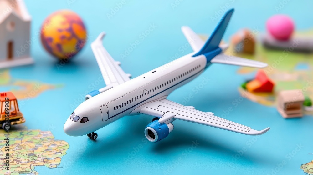 A model airplane surrounded by small toys and a colorful globe on a blue background. A model airplane surrounded by small toys and a colorful globe on a blue background.