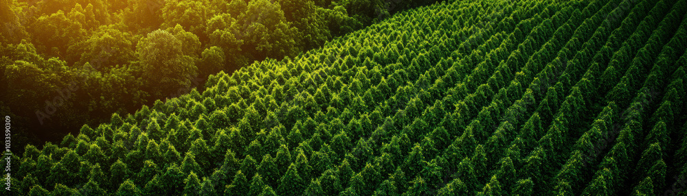 Lush green fields stretch across the landscape, bathed in warm sunlight, showcasing rows of thriving plants amidst dense forest. Lush green fields stretch across the landscape, bathed in warm sunlight, showcasing rows of thriving plants amidst dense forest.