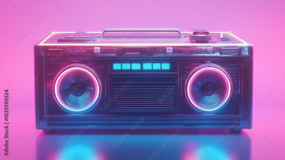 Close-up boombox with electric neon details on a smooth pastel background, energetic and retro-themed music device concept