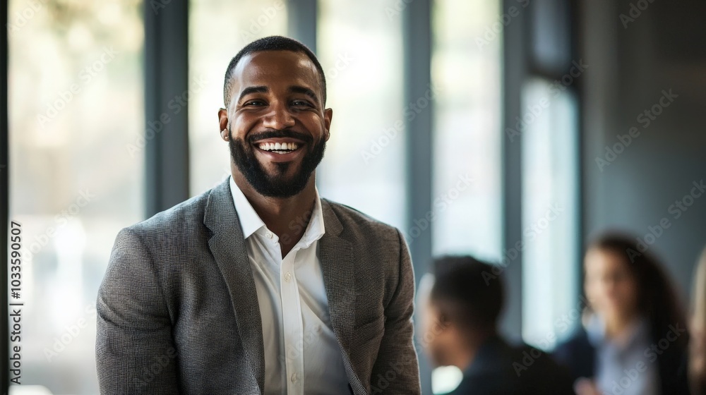 A businessman smiling during a successful presentation A businessman smiling during a successful presentation
