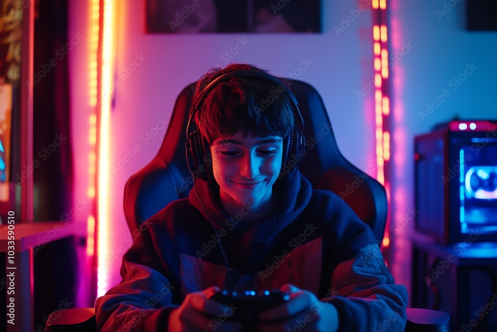 Smiling European boy playing with headphones