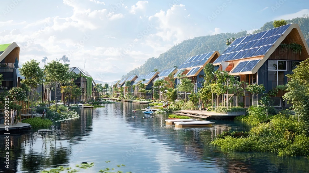 Fototapeta premium Sustainable Modern Houses With Solar Panels Along a Canal